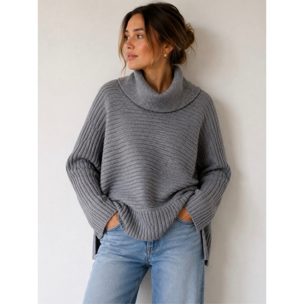 Moth by Anthropologie Gray Ribbed Cowl Neck High Low Hem Sweater Womens Medium
